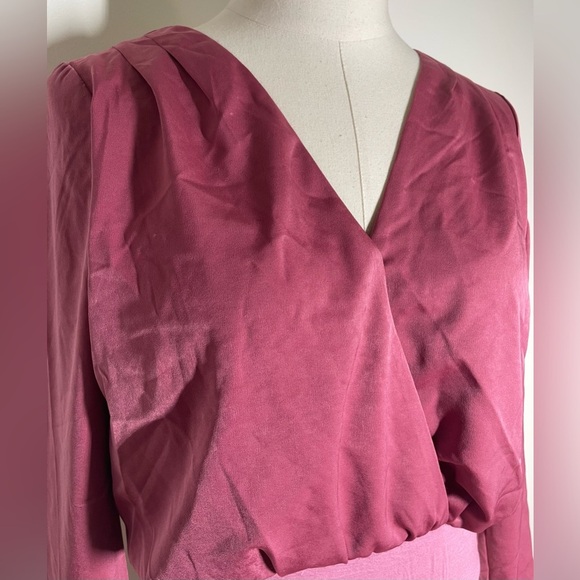 Lulus | Dusty Rose Satin Body Suit | Pleated V Neck | Long Sleeve - Picture 2 of 5